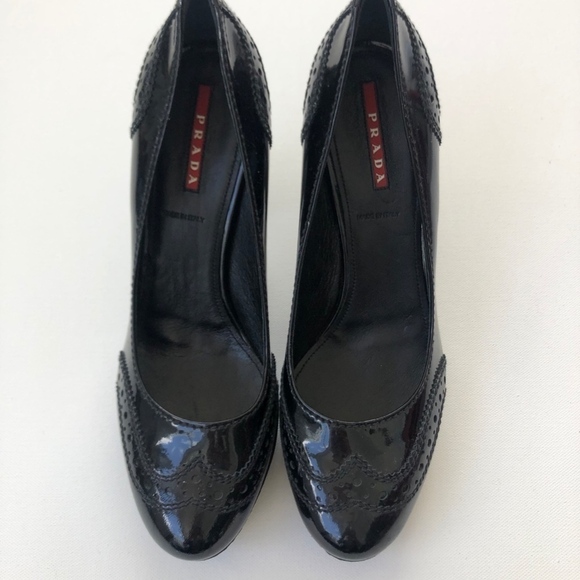 Prada Derby Patent Leather Platform Heels 10